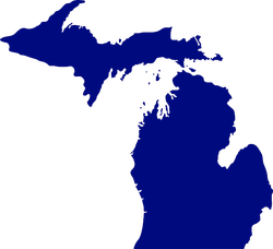 A dark blue silhouette of the state of Michigan, including the Upper Peninsula.